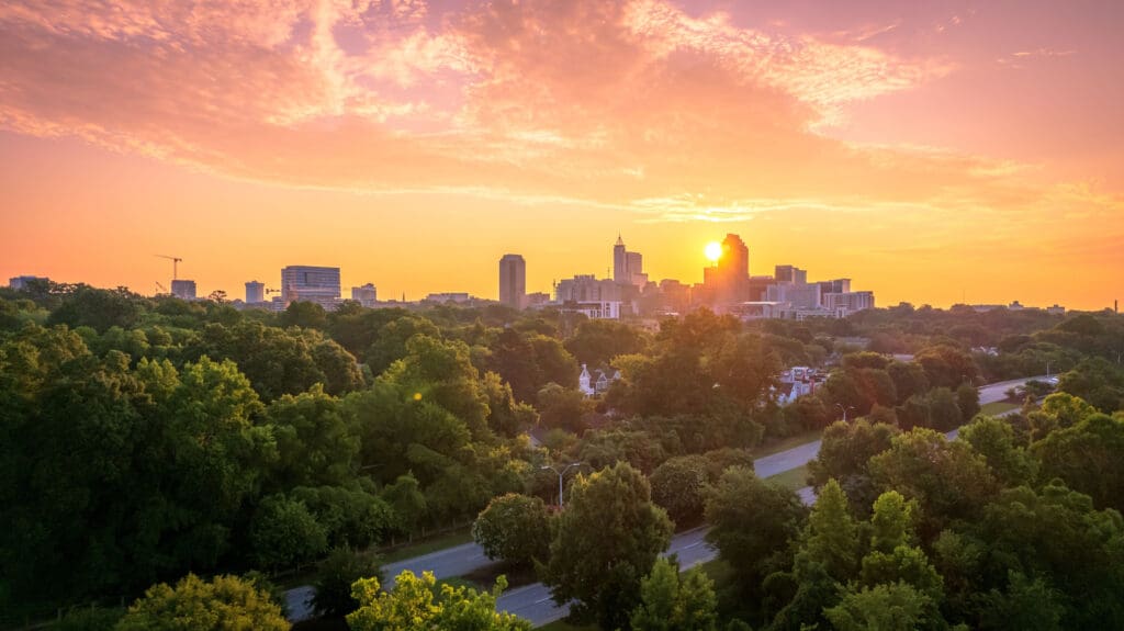 Raleigh NC during sunset with downtown showing
